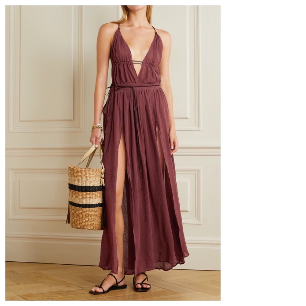Caravana Pomolche Open-back Leather-trimmed Cotton-gauze Dress